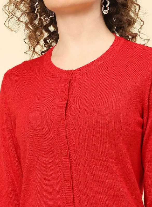 Women Red Solid Modal Nylone Cardigan