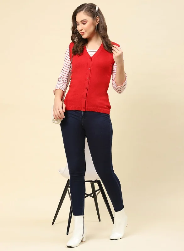 Women Red Solid Modal Nylone Cardigan