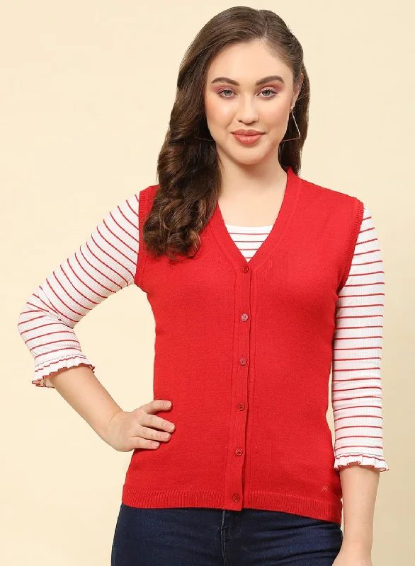 Women Red Solid Modal Nylone Cardigan