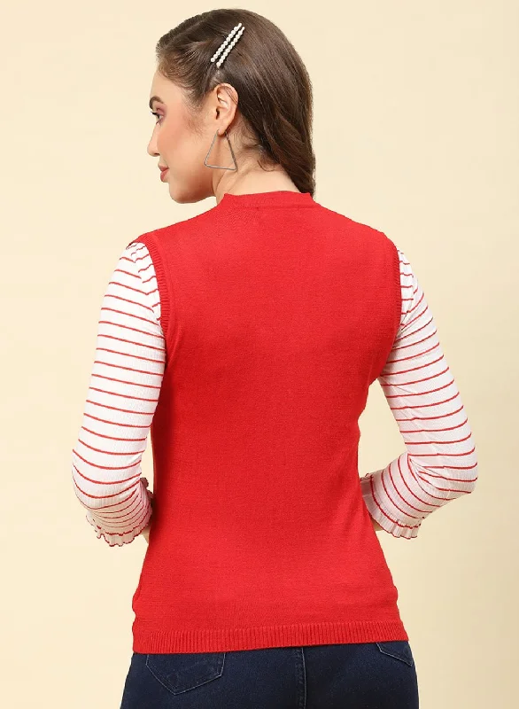 Women Red Solid Modal Nylone Cardigan