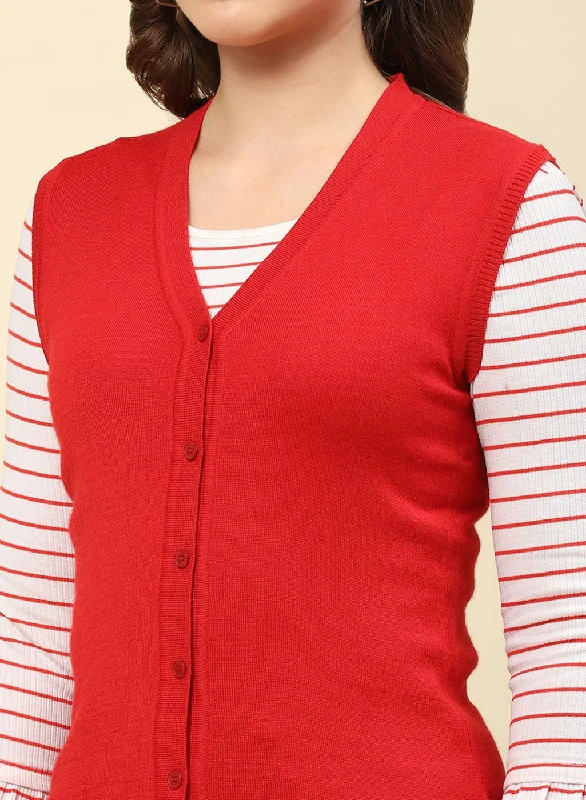 Women Red Solid Modal Nylone Cardigan