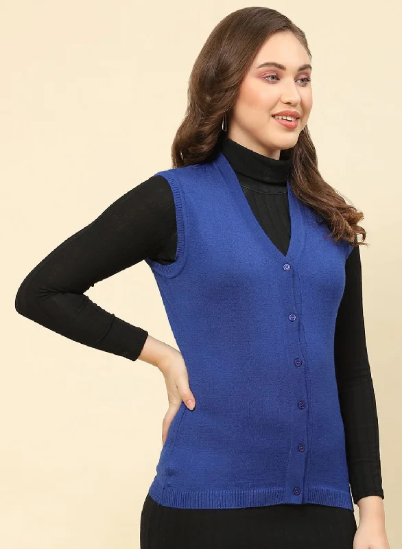 Women Royal Blue Solid Modal Nylone Cardigan