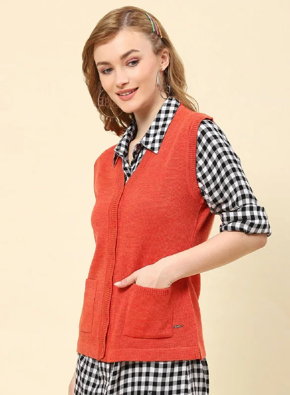 Women Rust Orange Solid Blend wool Cardigan