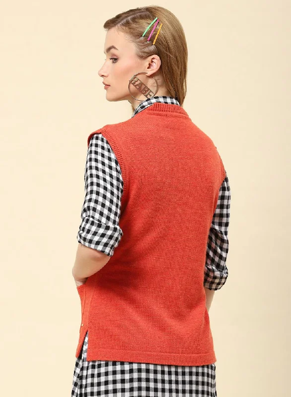 Women Rust Orange Solid Blend wool Cardigan