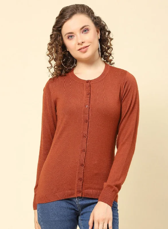 Women Rust Orange Solid Modal Nylone Cardigan