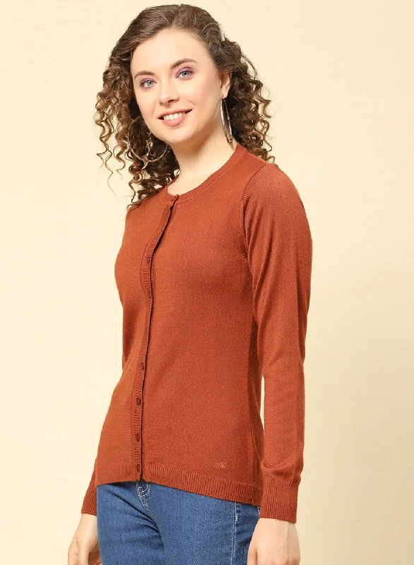 Women Rust Orange Solid Modal Nylone Cardigan