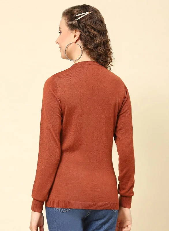 Women Rust Orange Solid Modal Nylone Cardigan