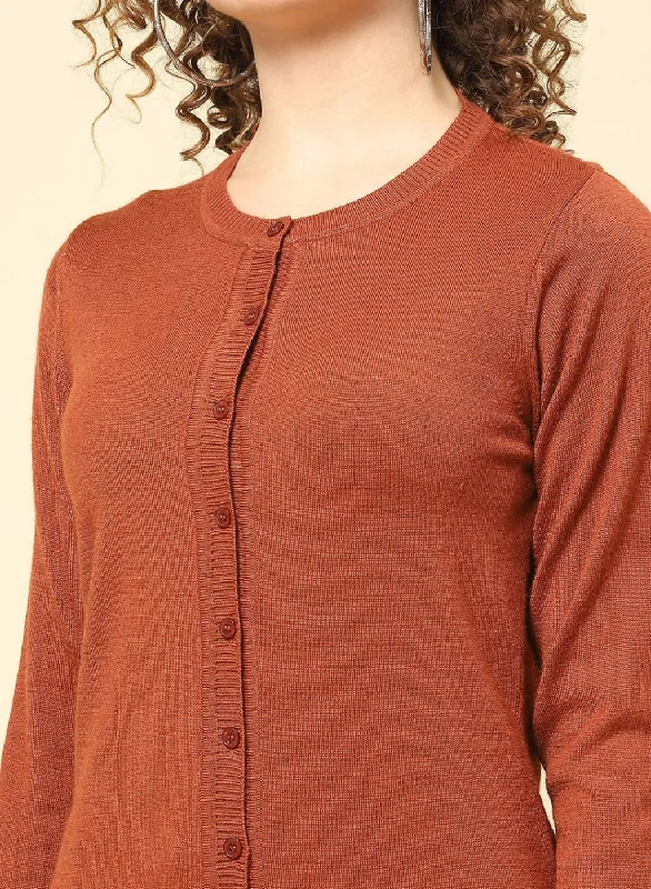 Women Rust Orange Solid Modal Nylone Cardigan