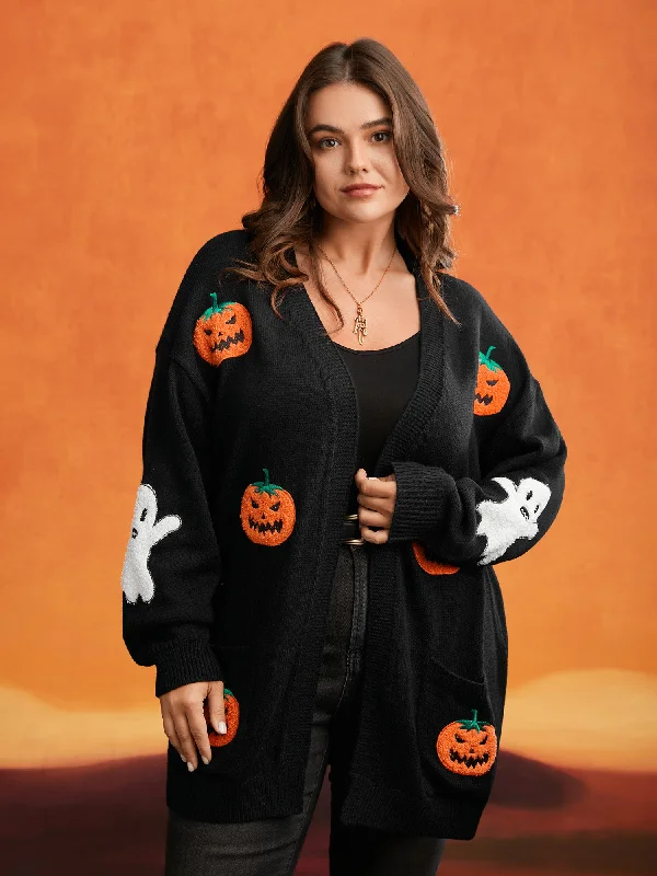 Pumpkin Ghost Embroidery Open Cardigan