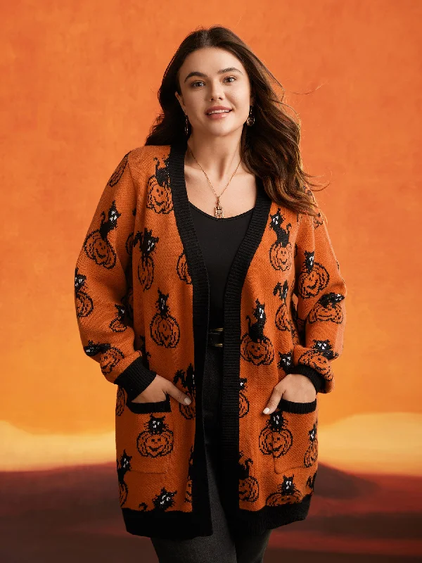 Sable Yarn Cat And Pumpkin Open Cardigan