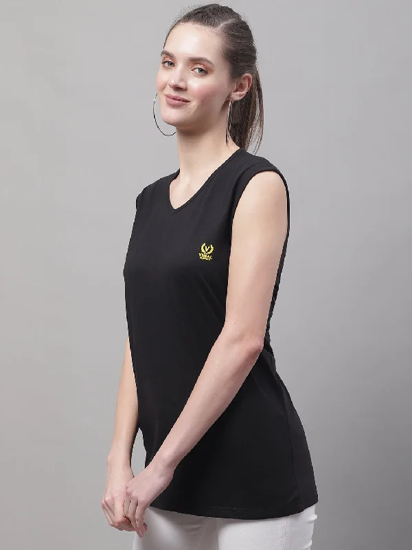 Vimal Jonney Regular Fit Cotton Solid Black Gym Vest for Women