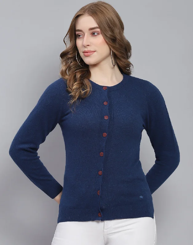 Women Blue Solid Round Neck Full Sleeve Cardigan