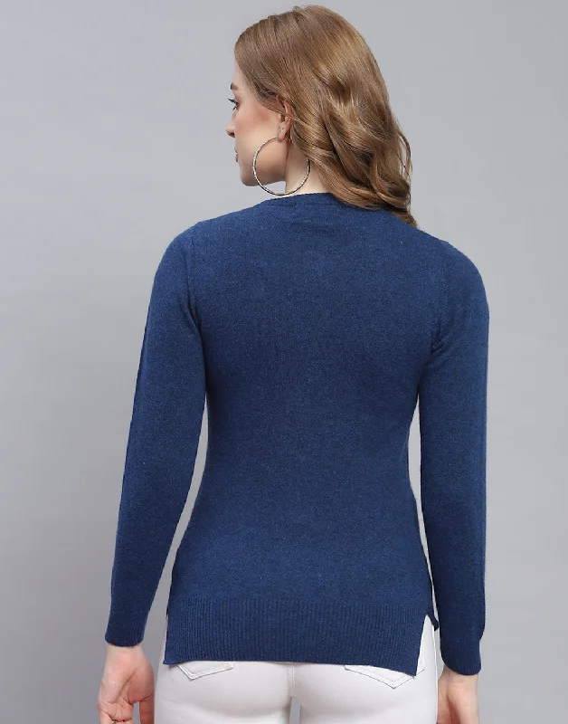 Women Blue Solid Round Neck Full Sleeve Cardigan