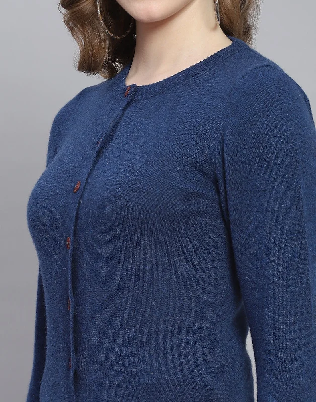 Women Blue Solid Round Neck Full Sleeve Cardigan