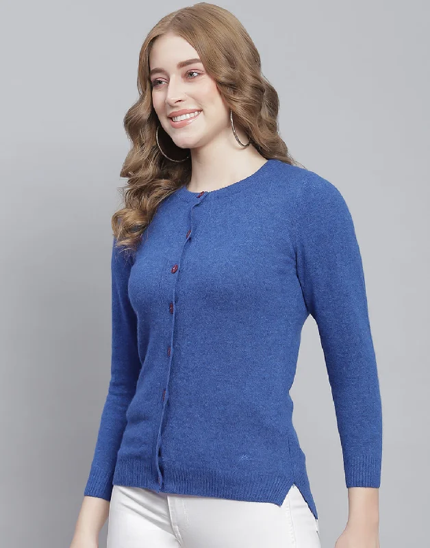 Women Blue Solid Round Neck Full Sleeve Cardigan