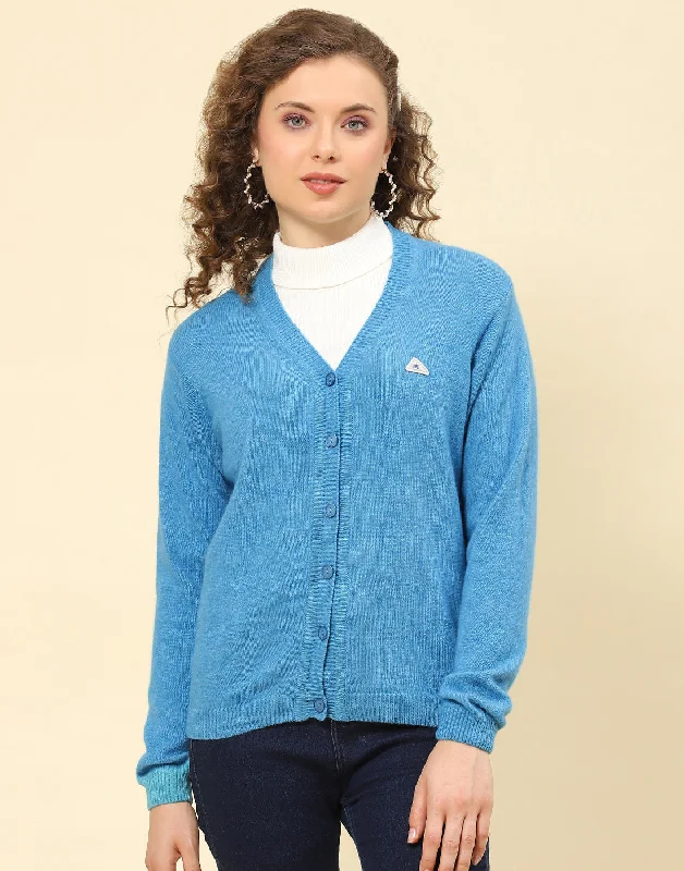 Women Blue Solid V Neck Full Sleeve Cardigan