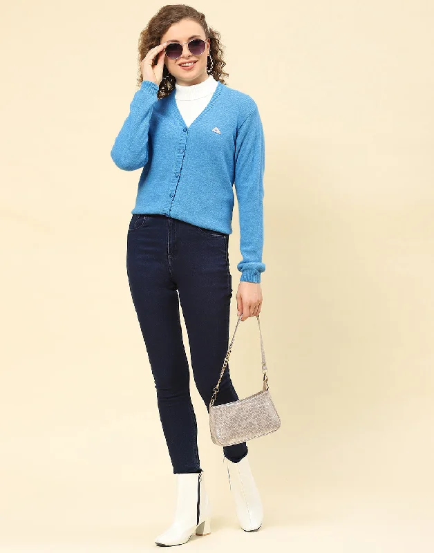 Women Blue Solid V Neck Full Sleeve Cardigan