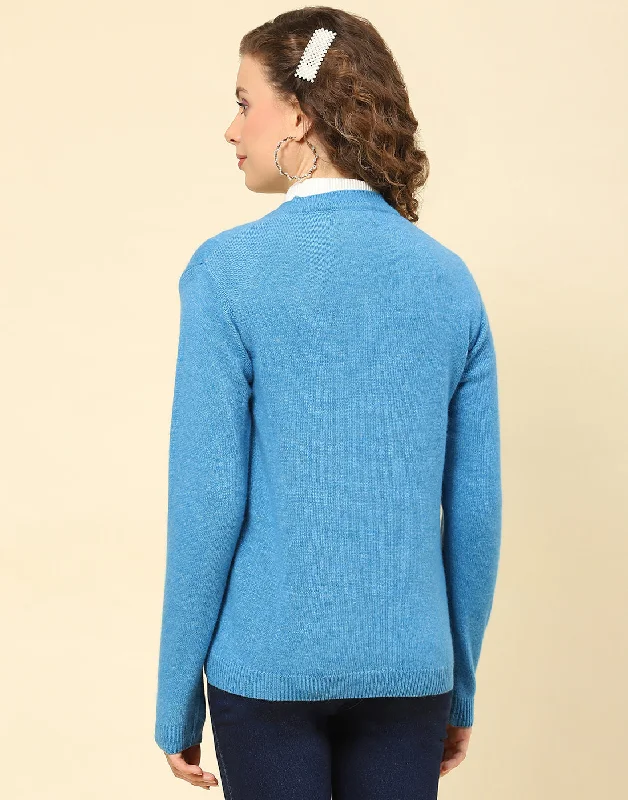 Women Blue Solid V Neck Full Sleeve Cardigan