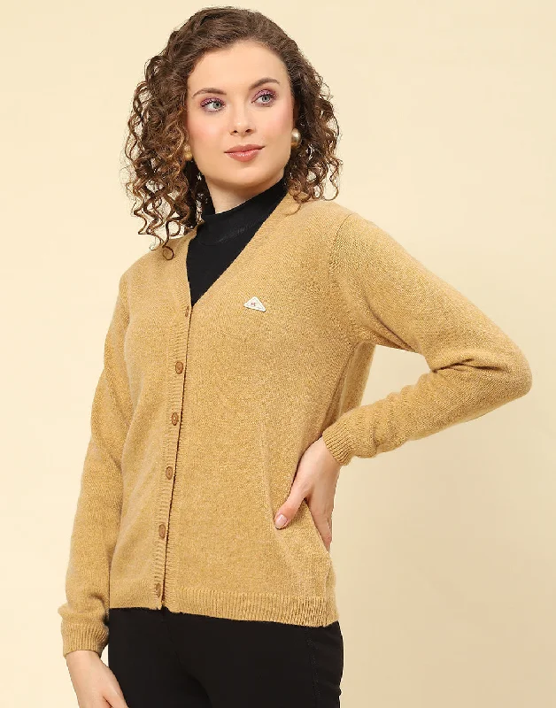 Women Brown Solid V Neck Full Sleeve Cardigan