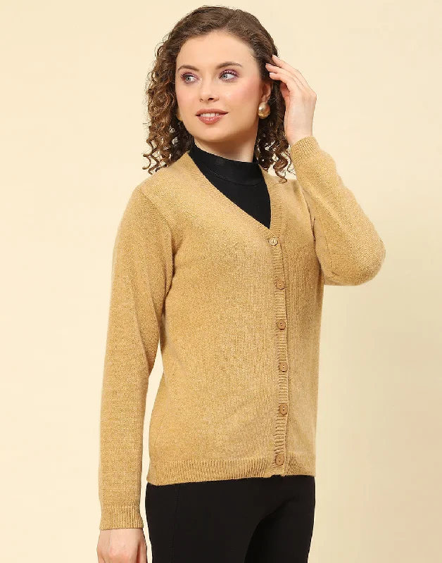 Women Brown Solid V Neck Full Sleeve Cardigan