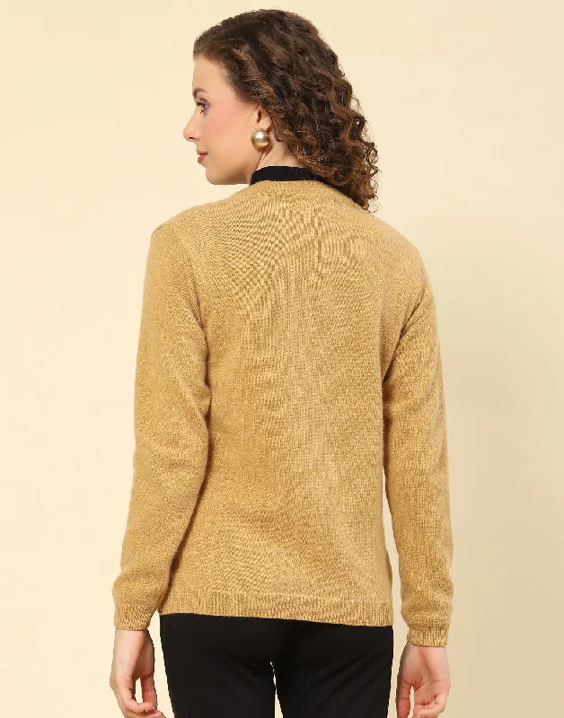 Women Brown Solid V Neck Full Sleeve Cardigan