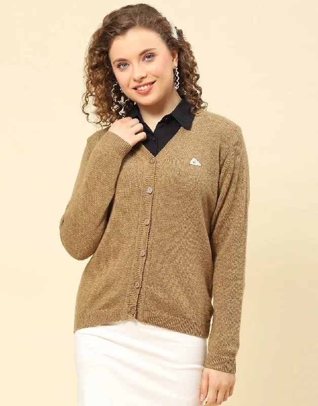 Women Brown Solid V Neck Full Sleeve Cardigan