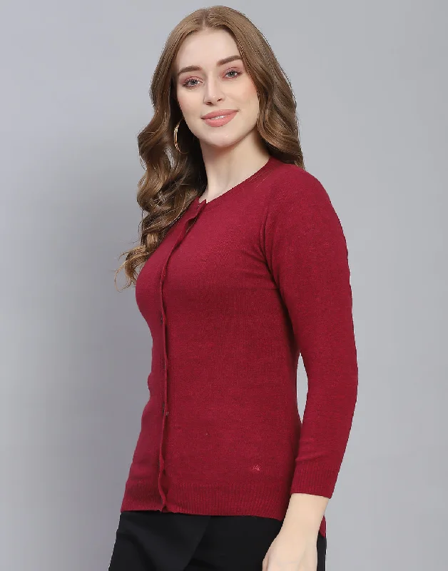 Women Maroon Solid Round Neck Full Sleeve Cardigan