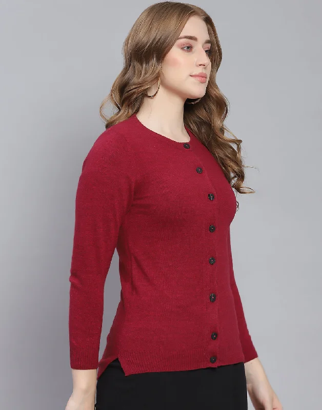 Women Maroon Solid Round Neck Full Sleeve Cardigan