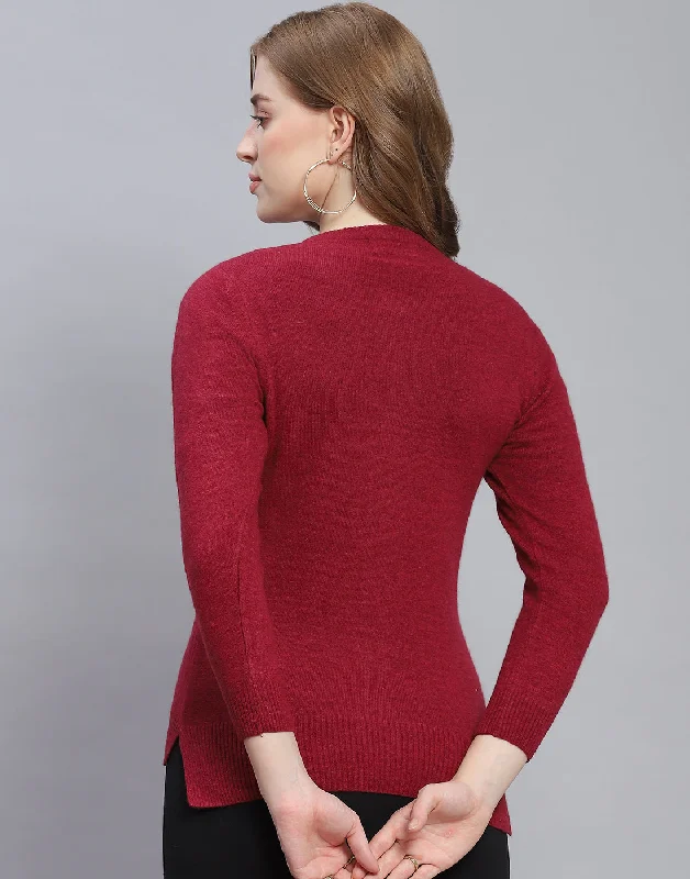 Women Maroon Solid Round Neck Full Sleeve Cardigan