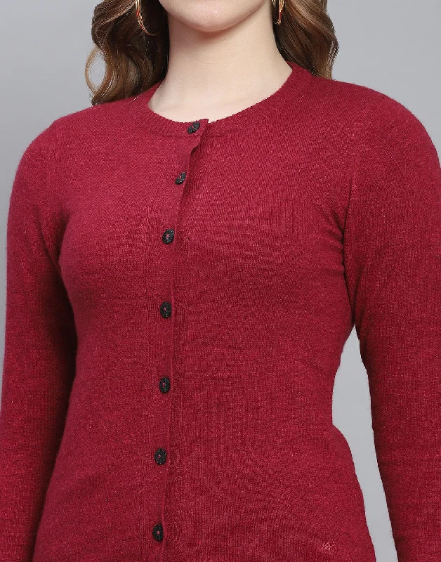 Women Maroon Solid Round Neck Full Sleeve Cardigan