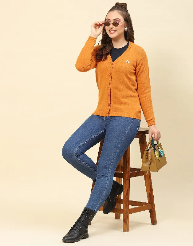 Women Mustard Solid V Neck Full Sleeve Cardigan