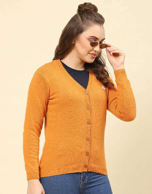 Women Mustard Solid V Neck Full Sleeve Cardigan