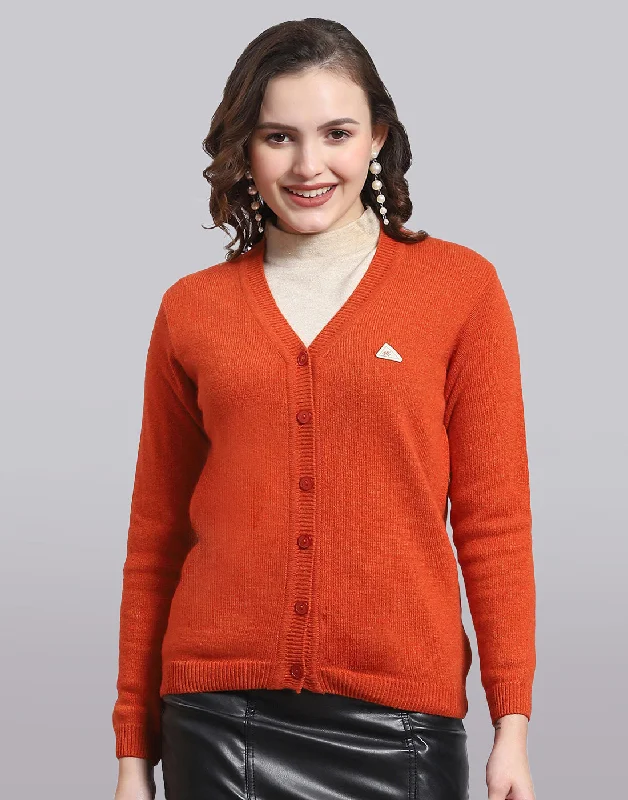 Women Orange Solid V Neck Full Sleeve Cardigan