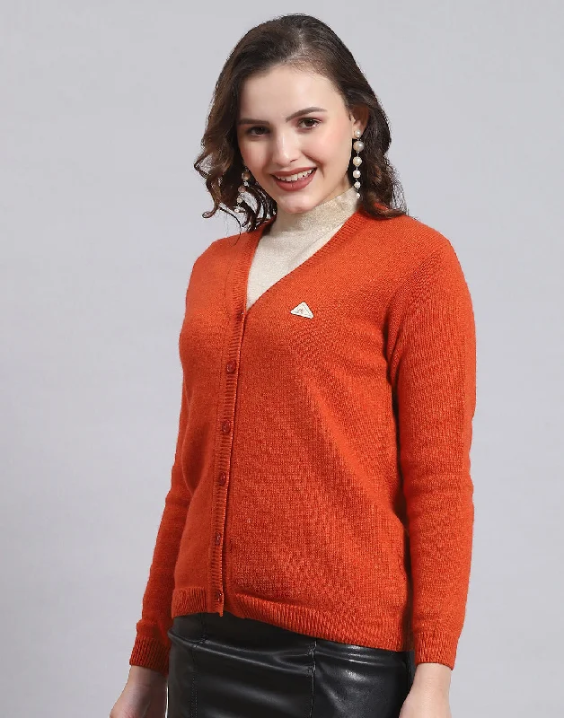 Women Orange Solid V Neck Full Sleeve Cardigan