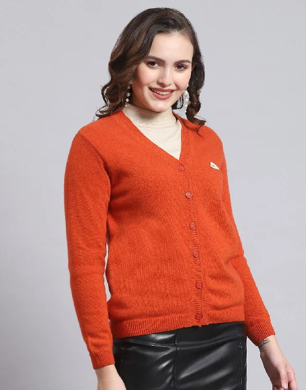 Women Orange Solid V Neck Full Sleeve Cardigan