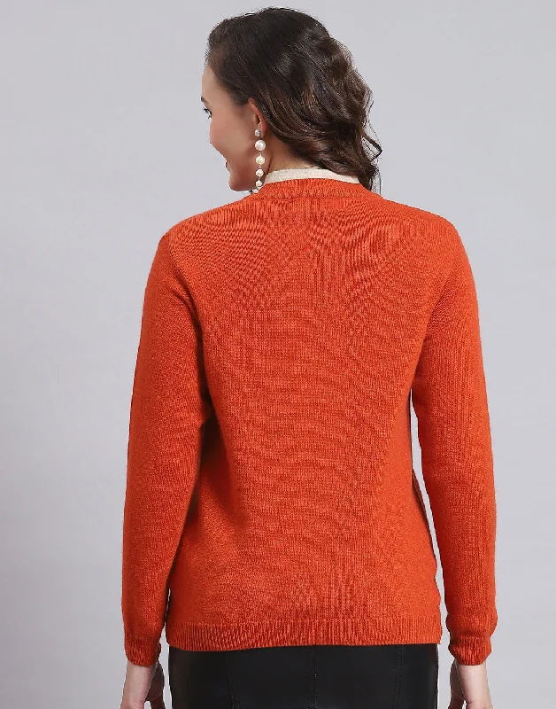 Women Orange Solid V Neck Full Sleeve Cardigan