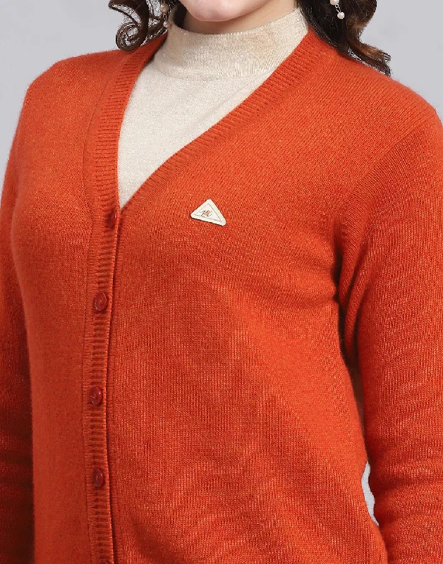 Women Orange Solid V Neck Full Sleeve Cardigan