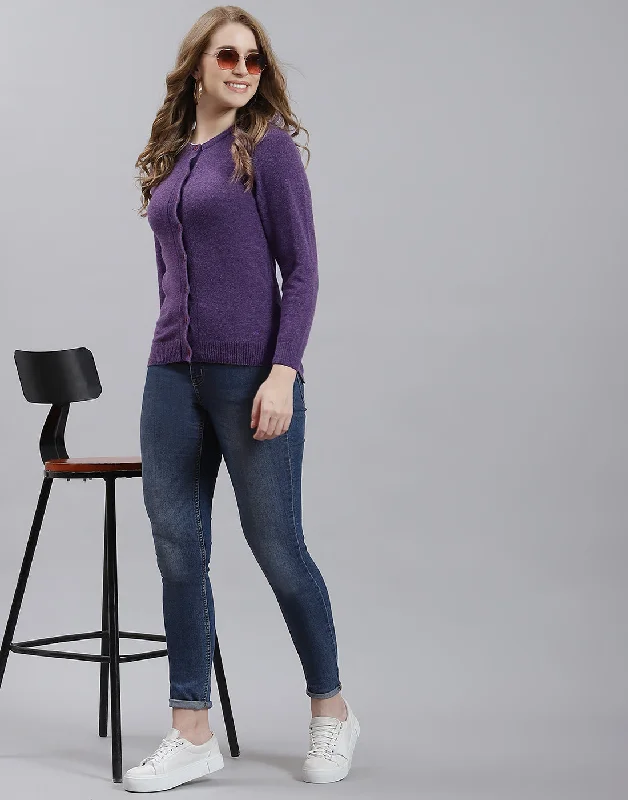 Women Purple Solid Round Neck Full Sleeve Cardigan