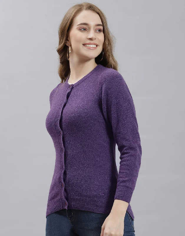 Women Purple Solid Round Neck Full Sleeve Cardigan