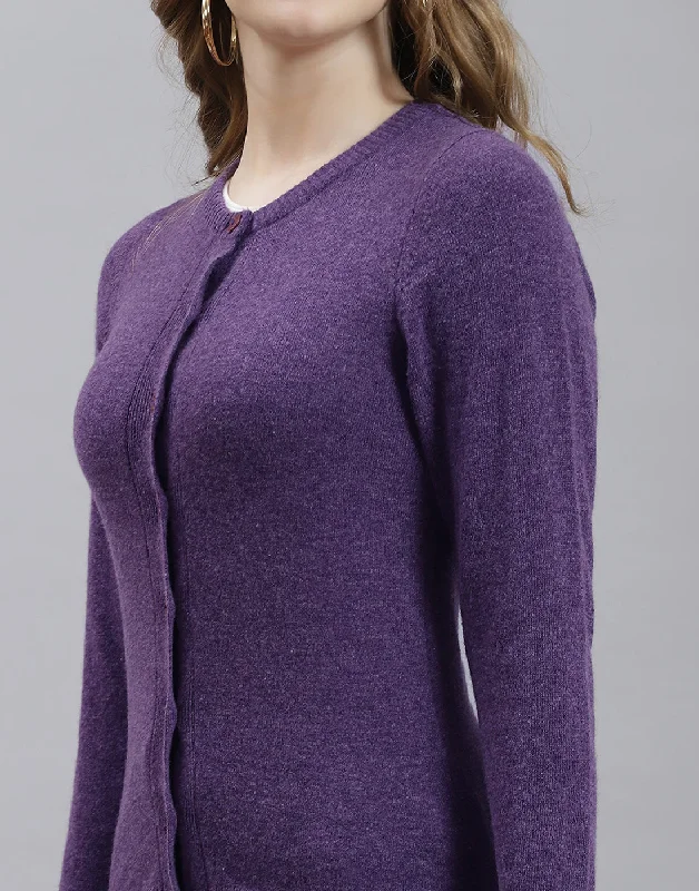 Women Purple Solid Round Neck Full Sleeve Cardigan