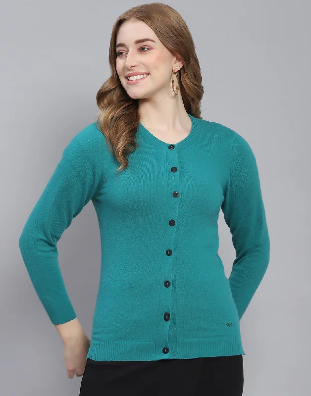 Women Teal Blue Solid Round Neck Full Sleeve Cardigan