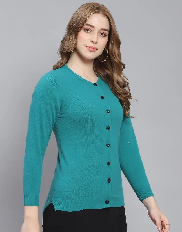 Women Teal Blue Solid Round Neck Full Sleeve Cardigan