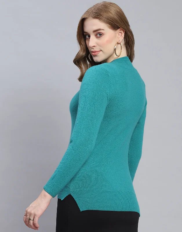 Women Teal Blue Solid Round Neck Full Sleeve Cardigan