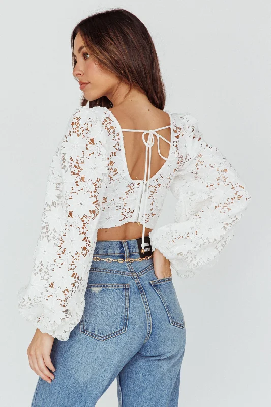 Arriana Balloon Sleeve Lace Crop Top White