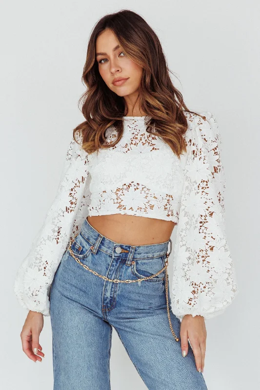 Arriana Balloon Sleeve Lace Crop Top White