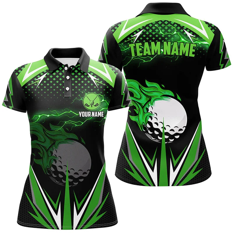 Black Womens Golf Polo Shirts Custom Multi Color Fire Lightning Team Golf Jerseys, Golf Attire For Ladies