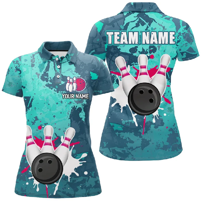 Bowling And Pins Team League Multicolor Option Customized Name 3D Shirt For Women