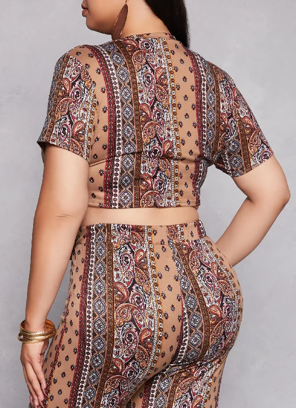 Plus Size Border Print Tie Front Shirt