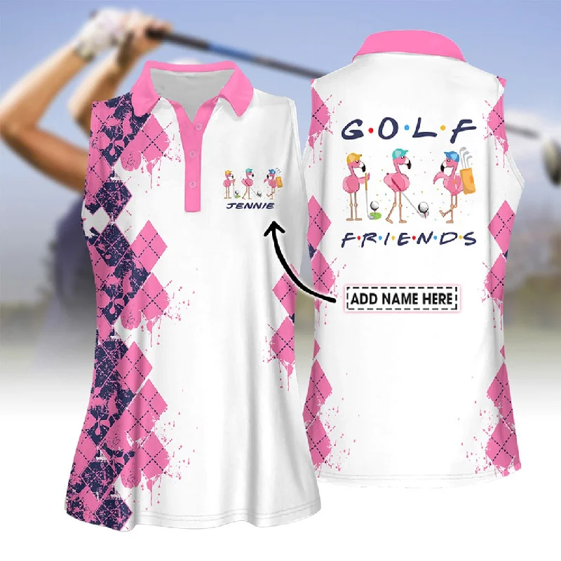 Custom Name Golf Friends Flamingo Women Polo Shirt, Personalized Golf Friend Shirt, Gift for Golfer