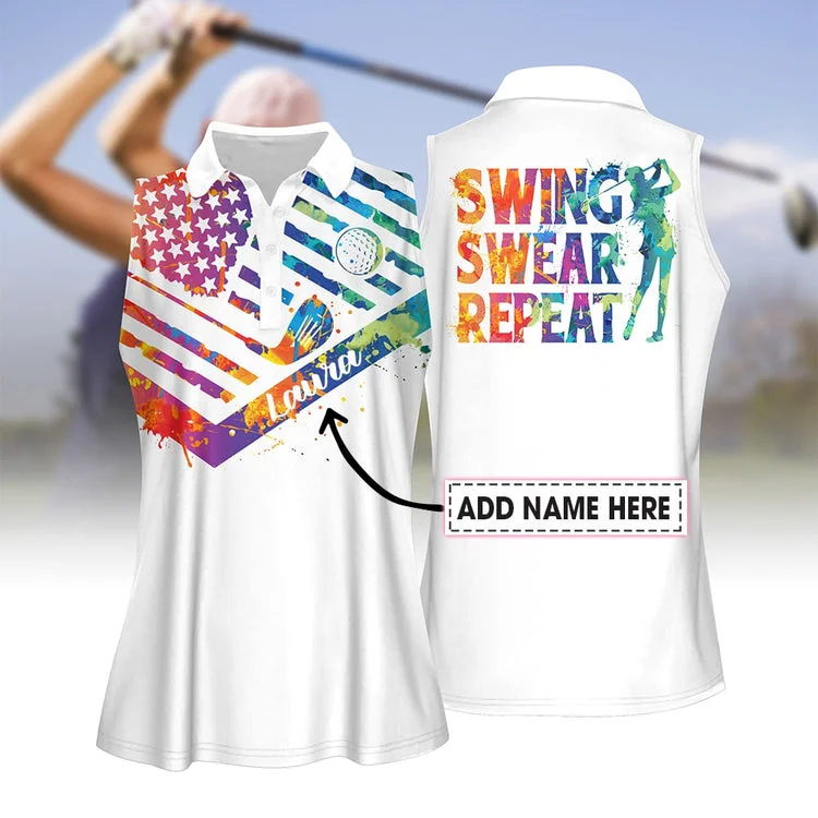 Customized Name Watercolor America Flag Swing Swear Repeat Women Sleeveless Polo Shirt, Gift for Golfer